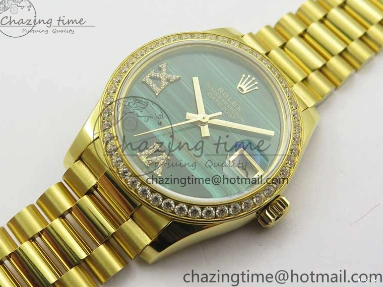 MiroTime 0408 Versatile Daydate 278288 31mm YG EWF Best Edition Green Malachite Dial Crystal Markers on YG President Bracelet ETA 2606